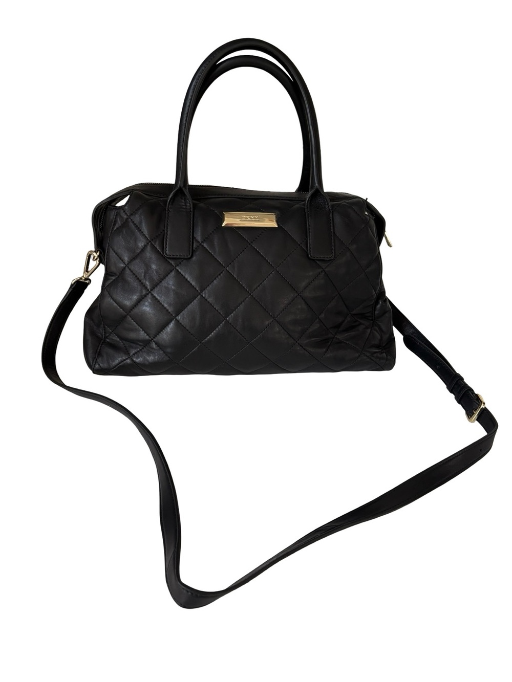 DKNY Quilted Black Napa Lamb Leather Large Zip Tote Shoulder Bag Convertible